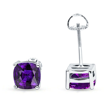 Solitaire Screw Back Stud Earring Excellent Cushion Cut Simulated Amethyst CZ Solid 925 Sterling Silver